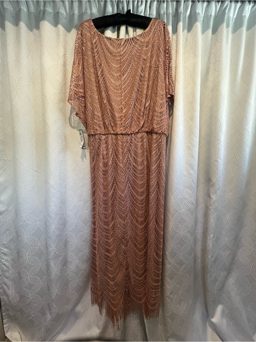 SLNY Blush Crochet Fringe Maxi Dress